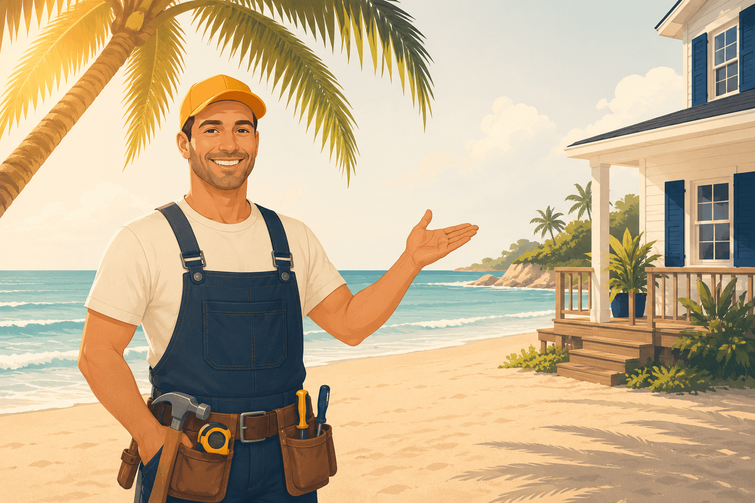 Friendly tradesperson welcoming guests at a beachfront vacation rental